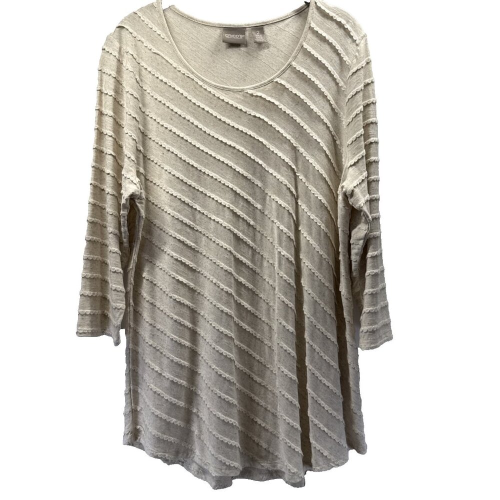 Chicos Women's Tunic Top Sz Large Ivory Linen Blend Textured 3/4 Sleeves Stretch